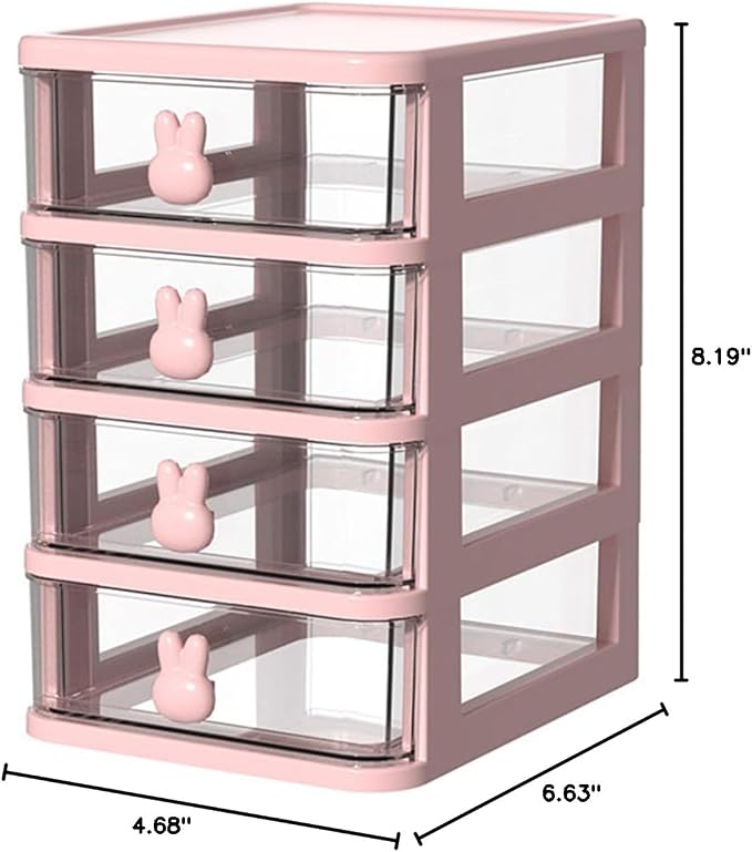 ZJchao Plastic Drawers Organizer Plastic Storage Drawer Desk Drawer Organizer Multi Tier Large Capacity Transparent with Bunny Handle for Office Supplies Books Pens (Pink)