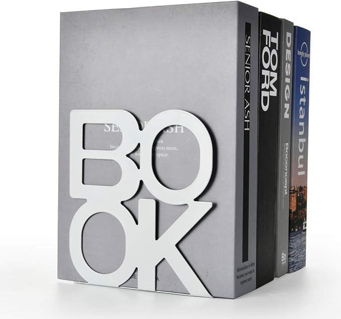 Book Ends - Decorative Metal Book Ends Supports for Bookrack Desk,Books, Unique Appearance Design,Heavy Duty (White, 4 Pair)