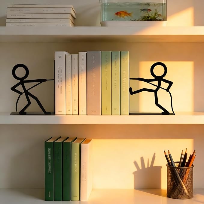 Metal Bookends People Book-End, Decorative Cute Book Ends for Shelves in Home Office Desk Book Holder, Bookshelf Decor & Gift -Tug of War