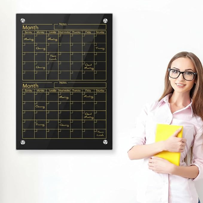 Glass Whiteboard Calendar Dry-Erase White Board Planner Glass Large Wall Mounted Calendar with Marker Tray for Wall Home or Office(Black,24" X 18",2 Month)