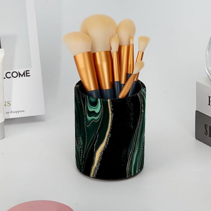 Leather Pen Holder for Desk, Green Marble Makeup Brushes Holder Pencil Cup Multifunctional Desktop Organizer Caddy for Home School Office Desk Accessories