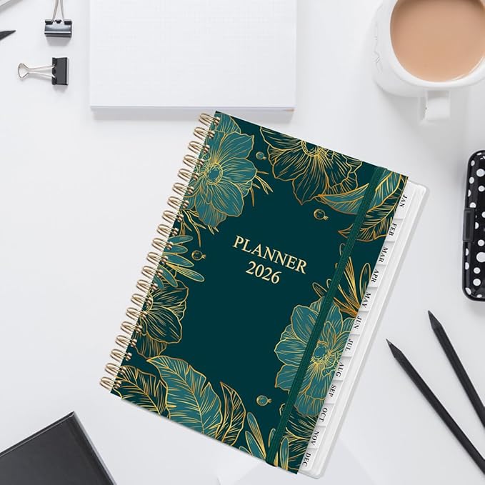 2026 Planner - Weekly and Monthly Planner Calendar from January 2026 to December 2026, Planning Agenda with Tabs & Inner Pocket, Spiral Bound for School/Office Supplies, 5.8'' × 8.3'', Green Gold Floral