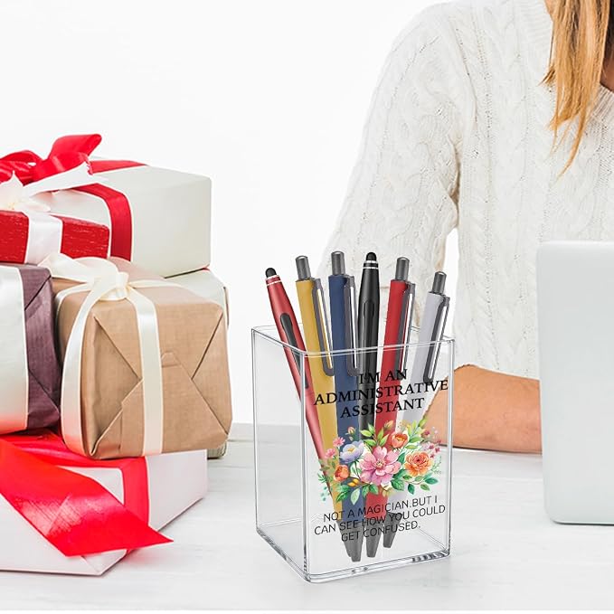Cute Floral Administrative Assistant Acrylic Cosmetic Pencil Pen Holder Cup Administrative Assistant Day Gifts Decor for Home Office Desk Vanity Organizers and Accessories