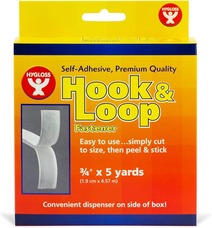 Hygloss Products Self Adhesive Strips - 15 Feet x 3/4 Inch Hook and Loop Fastener Sticky Back Tape With Dispenser, White