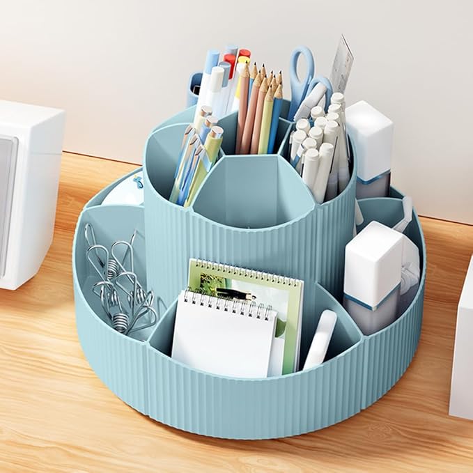Desk Organizer, 11 Slots 360-Degree Rotating Pencil Pen Holder for Desk, Desktop Storage Pen Organizers Stationery Supplies, Art Supply Storage Box Caddy for Office, Home (Blue)