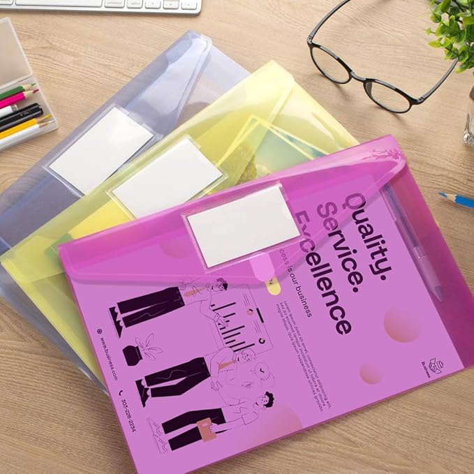 Sooez 36 Pack File Folders, Clear Poly Envelopes Plastic Folders, Folder for Documents Letter A4 Size with Label Pocket, Teacher School Office Supplies Organization Storage, Assorted Color