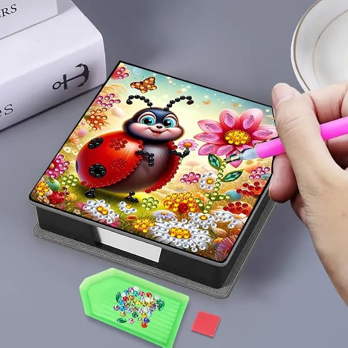 Ladybug Diamond Painting Note Box Memo Pad Holder, Diamond Art Sticky Notes Organizer for Desk, Aesthetic Stationery Storage Case for Office,School Supplies (Ladybug)