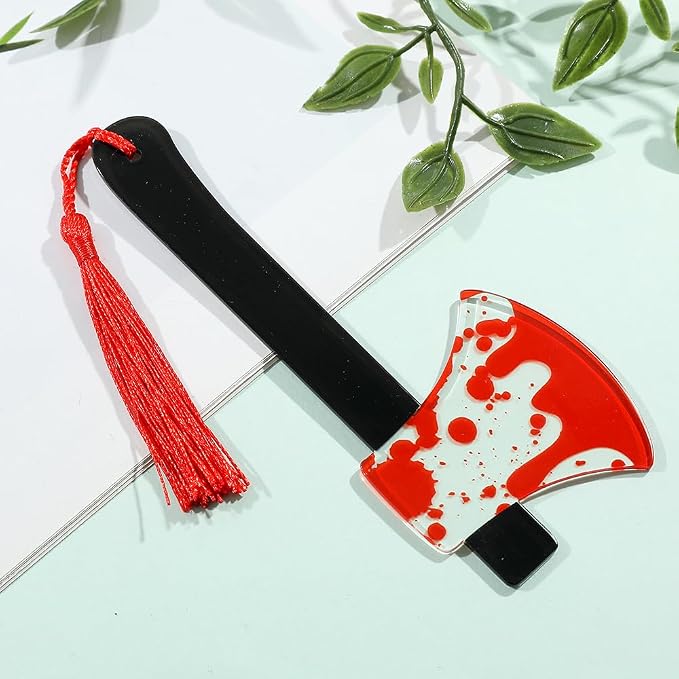 Horror Novelty Bookmark Set - Creepy Tool Shapes with Blood Stain Design, Gothic Book Accessories for Halloween Gifts, Macabre Metal Page Holders with Red Tassels (1pc Axes)