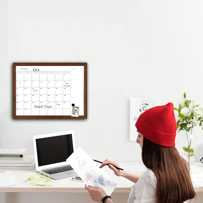 TORASO Dry Erase Monthly Calendar Board, Solid Wood Frame Magnetic Whiteboard for Wall, Office/School/Home, Walnut Brown Frame Hanging Board 12"x 16"(YL-WB-3040-A)