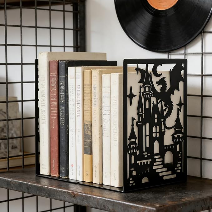 Book Ends, Bookends, Book Ends for Shelves, 1Pair Non Skid Metal Book Divider Decorative Holder, Abstract Art Desgin Book Stopper Supports for Office, Home (Dragon D)
