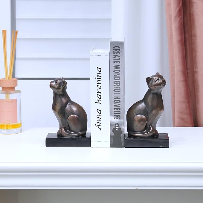 Cat Book-Ends Heavy Duty Decorative-Bookends - Unique Bookend for Books Heavy Duty Antique Book Stopper for Shelf Office Desk Magazine Stand Organizer 2.8 LBS 4.25x2.75x6.75 inches Newman House Studio