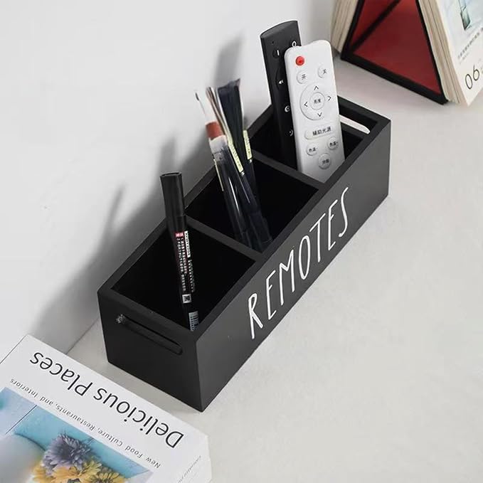Wooden Remote Control Holder 3 Compartment Storage Box for Table Desk Home Office Living Room School (Black)