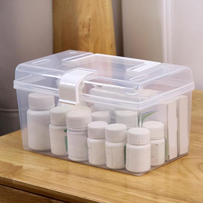 plplaaoo Transparent Storage Box Large Capacity Handheld Desktop Organizer Portable Multifunctional Storage Container with Handle for Home Office (S)