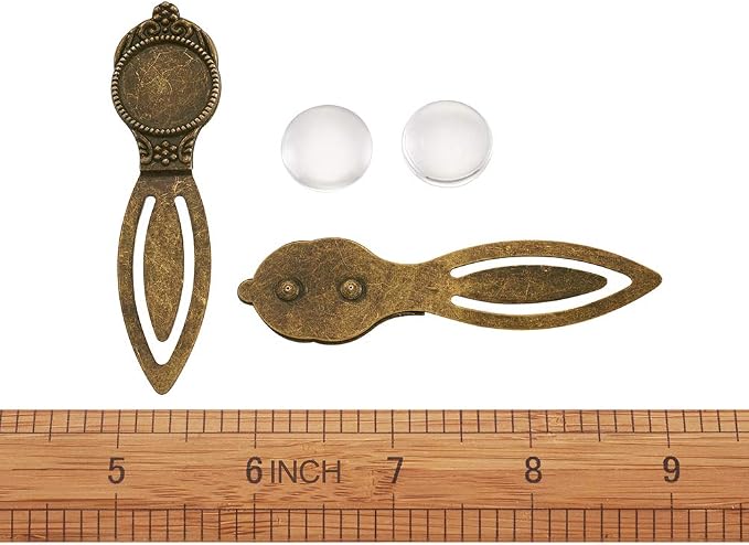 FASHEWELRY 5 Sets Antique Bronze Bookmark Pendant Tray Kit Include 18mm Round Blank Bezel Base Setting Charms with 10Pcs Clear Glass Dome Tiles Cabochons