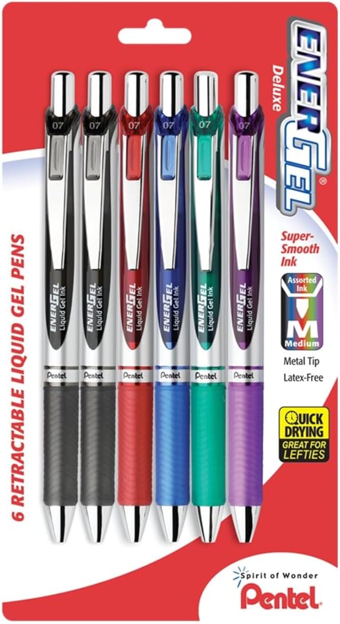 Pentel EnerGel RTX Retractable Liquid Gel Pen, (0.7mm), Medium Line, Metal Tip, Assorted Colors, Pack of 6 (BL77BP6M)