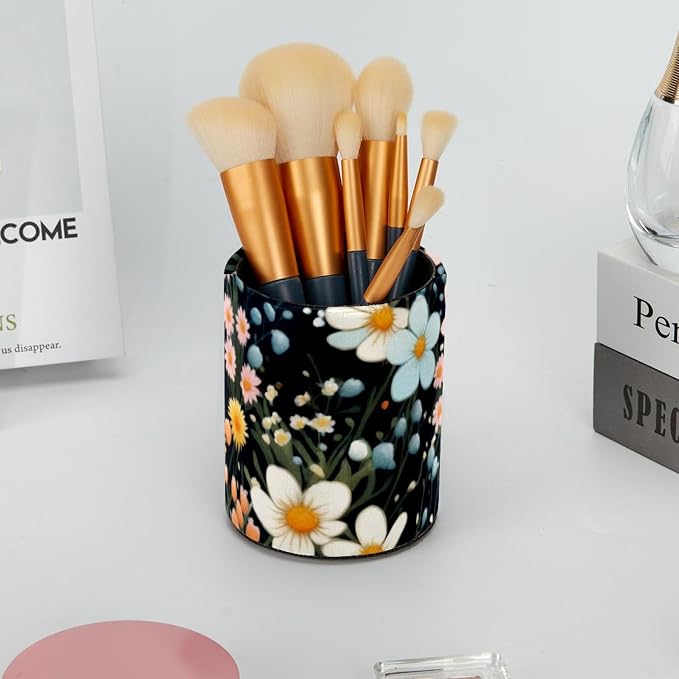 Pen Holder for Desk, Seamless Flowers Colorful Pattern Leather Pencil Cup for Desk, Round Pencil Holder Desk Organizer for Home, School, Office, Classroom