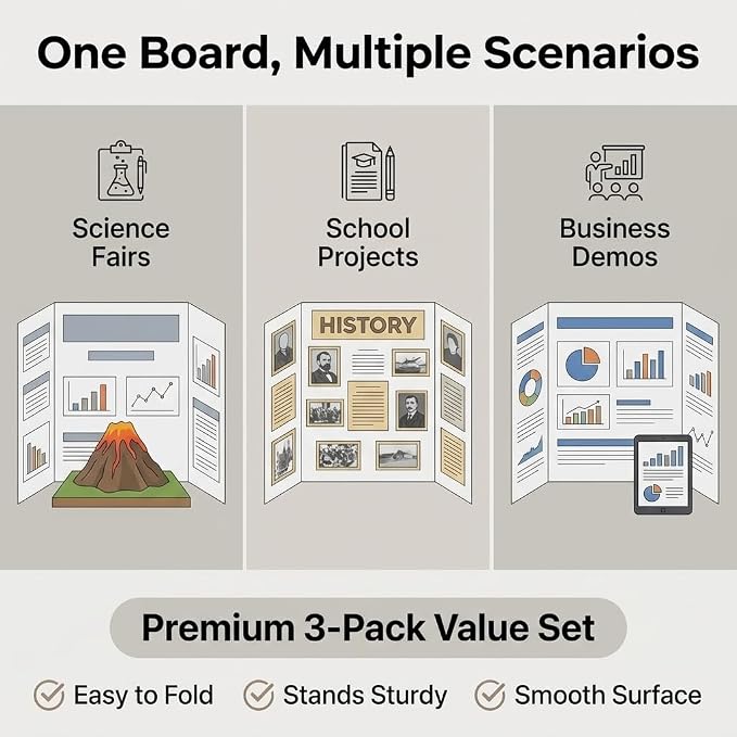 Trifold Poster Board, 24" x 16", White Corrugated Project Boards for Science Fairs, Event Displays, and Business Presentations,School Projects,3-Pack