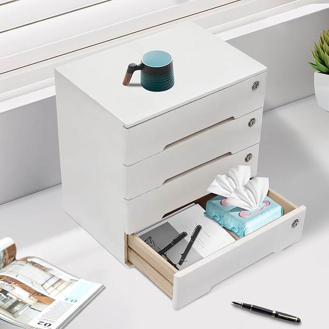 4-Tiers Wooden Desktop Storage Box with Lockable Drawers, Office Supplies File Organizer, Flat File Cabinet Store Stamps, Sticky Notes, Paper Clips, Scissors, for Office, Study, White