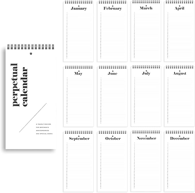 Perpetual Calendar, 5" x 10" Minimalist Special Event Reminder Calendar Book, Sprial Monthly and Daily Wall Hanging Organizer for Important Dates, Birthdays, Anniversaries (Black)