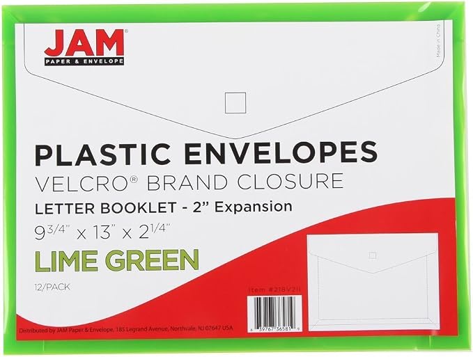 JAM PAPER Plastic Expansion Envelopes with Hook & Loop Closure - Letter Booklet - 9 3/4 x 13 with 2 Inch Expansion - Lime Green - 12/Pack