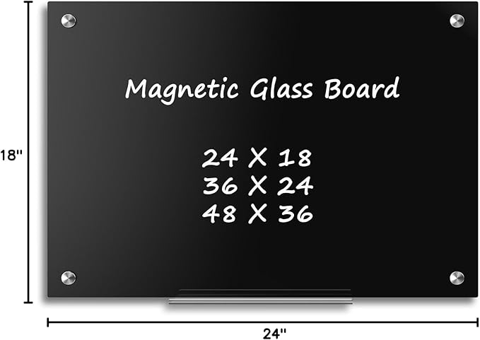 Black Dry Erase Board, 24" x 18" Magnetic Large Black Glass Board Frameless Wall Mounted Glass Whiteboard for Office, School & Home with 1 Acrylic Marker Tray & 3 Strong Magnets
