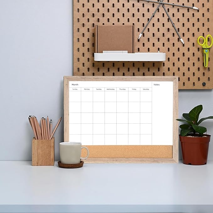Monthly Calendar Dry Erase White Board & Cork Bulletin Board,13" x 17" Light Brown Wood Frame,Magnetic Surface Whiteboard.Perfect for Organizing Your Space.Whiteboard+Cork-3343B-QZ