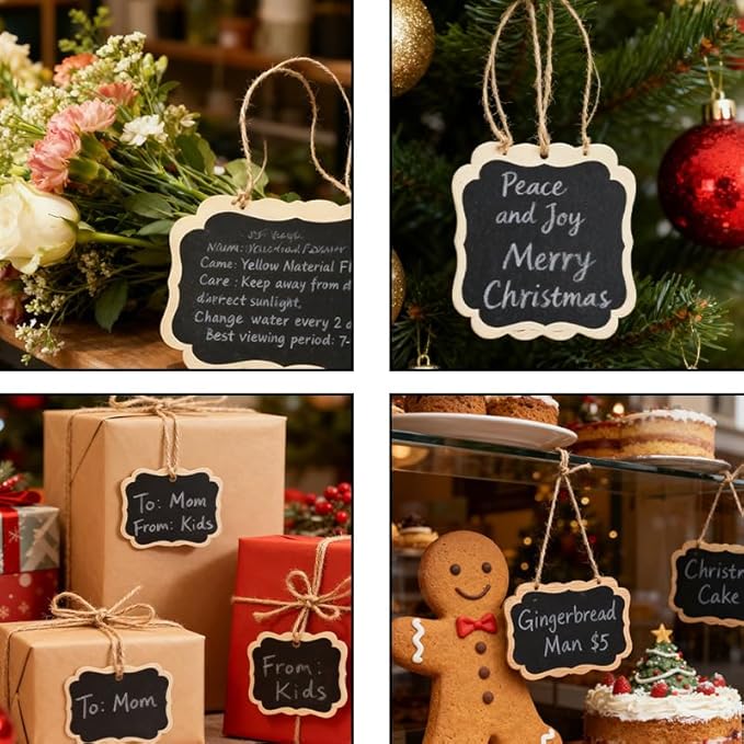 20 Pcs Mini Wooden Chalkboard Signs Reusable Double-Sided with Hanging String, Erasable Small Blackboard Labels for Party Buffet, Weddings, Birthdays, Table Numbers, Plants & Price Tags