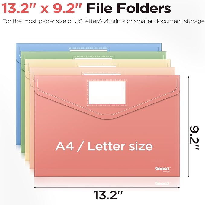 Sooez 10Pack Plastic Envelopes, Plastic File Folder, Folders for Documents Retro Colors, Super Heavyweight Document Holder, Storage Pouches, File Envelopes for School Office Supplies