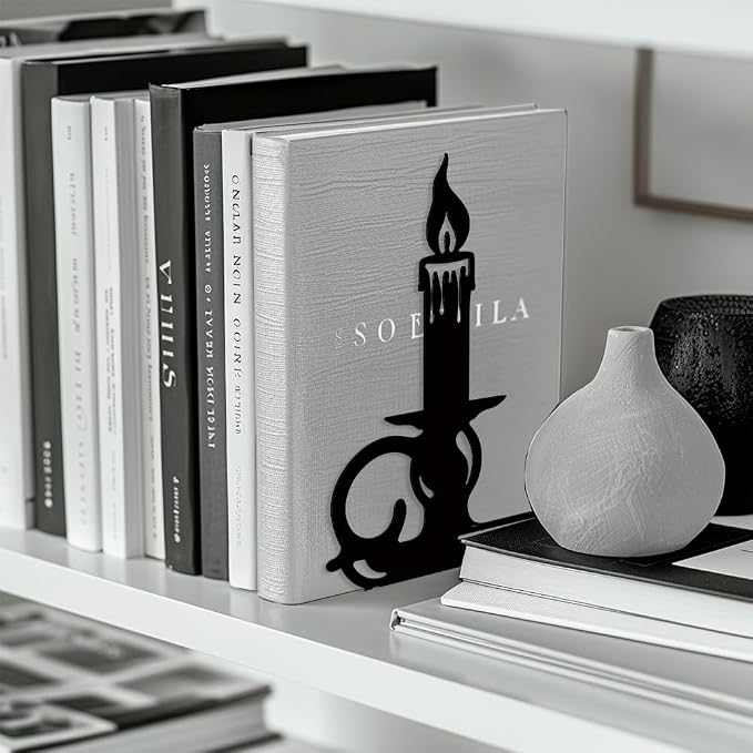 Peacoblue Metal Bookends for Shelves, Modern Decorative Heavy Duty Study Book Support Stoppers for Office, Desk, Shelf, Room 5.3"x4.3"x7.9" Cast Iron Tall Bookends, 1 Pair (Quill Pen and Candlestick)