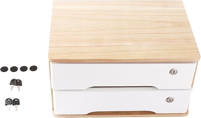 Lockable Desk Organizer Wooden Desktop Drawers Office Flat Files Storage Box Locking Countertop Storage Cabinet (Wood Color + White, 2-Tier)