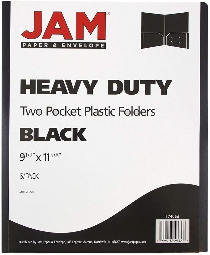 JAM PAPER Heavy Duty Plastic 2 Pocket Extra Tough School Folders - Black - 6/Pack