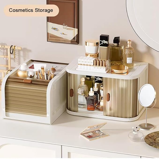 Desktop Storage Box, Foldable and Assembly-Free, Sliding Door Design, Ideal for Cosmetics Organization, Office Desk Storage, and Kitchen Storage