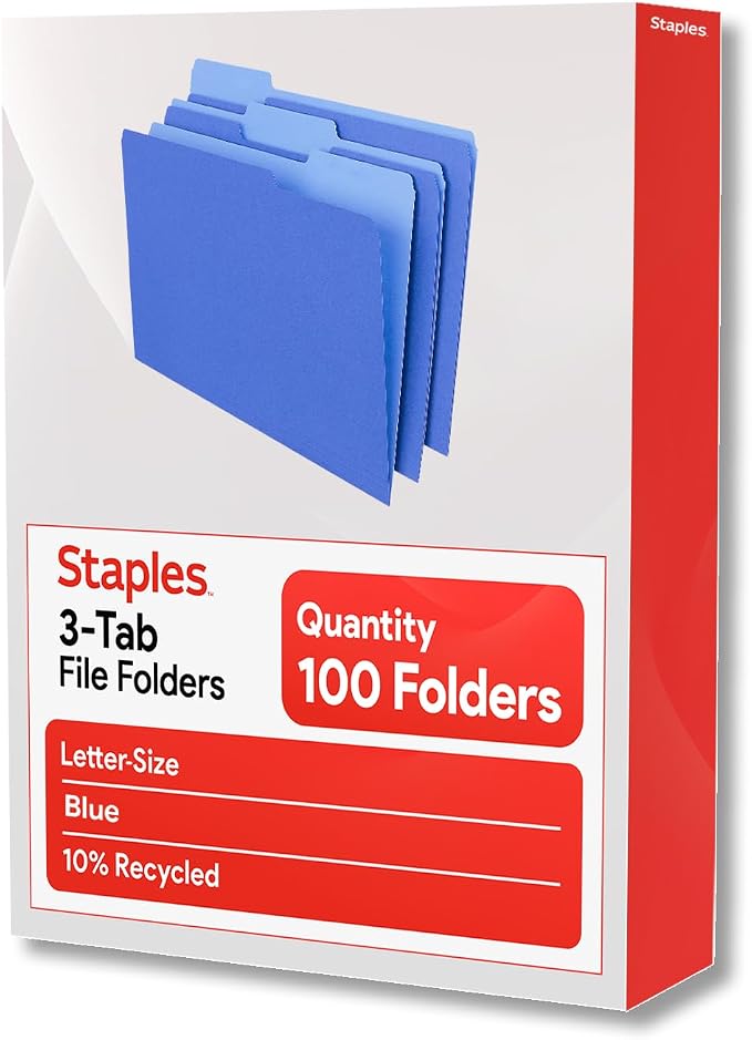 Staples File Folders, Letter Size, 1/3‑Cut Top Tabs, Blue, Durable 10.5‑Point Paper Stock, 100/Pack