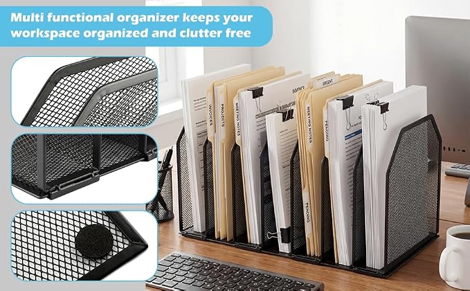 7-Section Vertical Mesh File Sorter, Black Metal Desktop Document Organizer with Extra Wide Spacing, Metal Paper Holder for Home Office Classroom Desk Storage