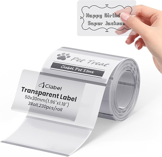 Clabel Clear Thermal Label for CLABEL 221B/320B, 1.96" × 1.18" (50x30mm) Transparent Thermal Stickers for Kitchen Spice Jars, Food Storage & Bottles, Waterproof, Self-Adhesive Paper, 230 Labels/Roll