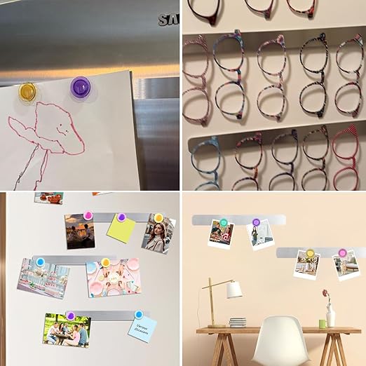 Frameless Magnetic Stainless Iron Board Strips, Adhesive Backing Bulletin Bar Board with 10 Pieces Colorful Magnet, Memo Strip for Office Home 4Pcs