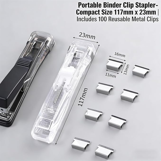 2pake Portable Binder Clip Stapler, Includes 100 Reusable Clips, Handheld Paper Clam Clip Dispenser for Home, School, Desk Office (Mix2)