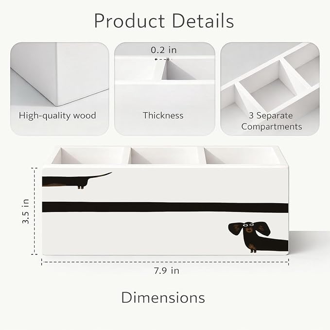 Dachshund Wooden Desk Organizer, Cute Sausage Dog Design Pen Pencil Holder with 3 Compartments, Decorative Office Supply Storage Box for Desk, Home, Office, Gift for Dog Lovers