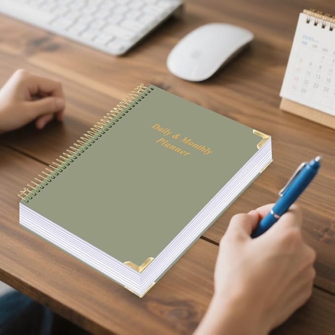 Undated Daily Monthly Planner for 2026 or Anytime - A4 To Do List with Hourly Schedule, Hardcover Spiral Bound Daily Planner to Increase Focus, Stylish School/Office Supplies, 8.5" x 11", Green