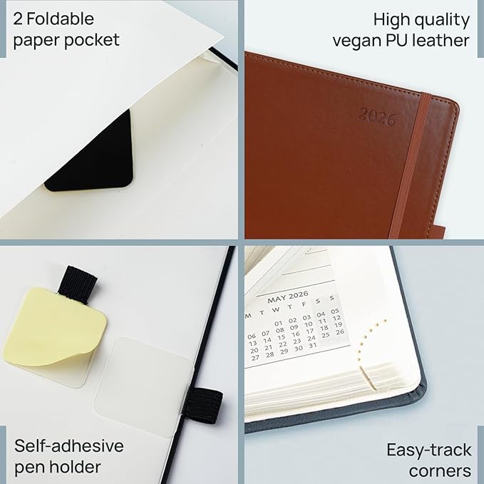 POPRUN 2026 Weekly Planner (Medium 7'' x 8.5''), 30-Minute Hourly Appointment Book (Jan 2026-Dec 2026) with Monthly Tabs, Inner Pockets, Pen Holder, PU Leather Softcover, 100GSM - Burgundy