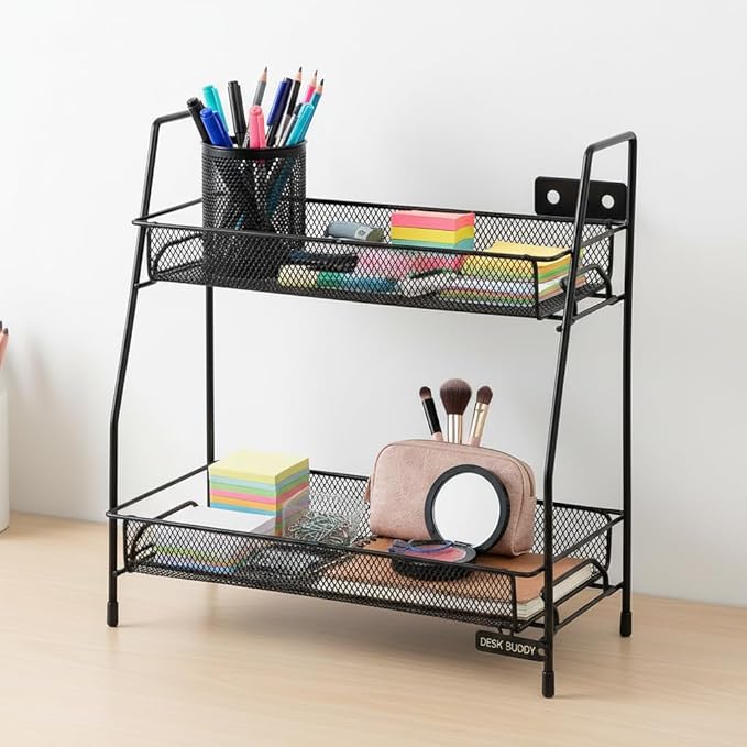 2-Tier Metal Mesh Desk Organizer - Portable Desktop Storage Rack for Office Supplies, Pen Holder, Paper, Makeup - Wall/Tabletop Mount, Powder Coated Black, Home School Cubicle Accessories