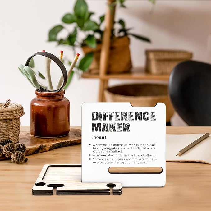 Difference Maker Appreciation Gifts for Teacher Coach Mentor Boss Leader Coworkers Employee Staff - Multi-functional Desk Organizer - Motivational Office Quote Wooden Sign for Office Desk Shelf Decor