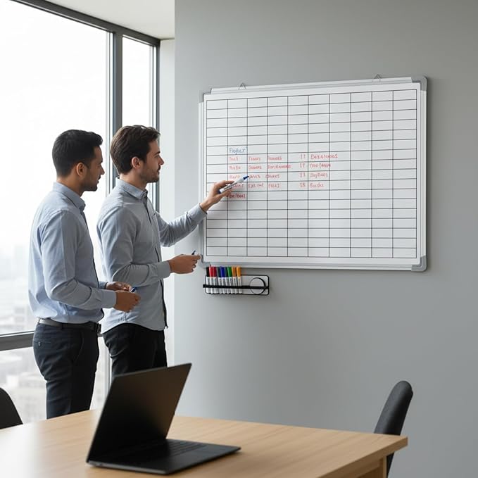 AmazingSpark Lined Whiteboard Blank Grid Aluminum Frame Dry Erase Board Reusable Wall Mounted Board for Scheduling, to Do Lists Weekly Planning Home Work(24 x 18 Inch,Whiteboard with Grid)