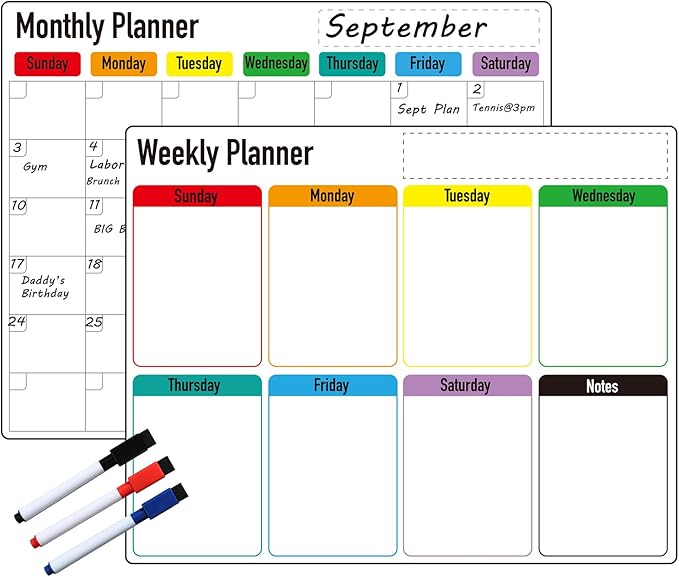 Magnetic Dry Erase Calendar for Fridge: Pack of 2-14.6” x 11.6” Magnetic Monthly and Weekly Planner for whiteboard, Family Organizer and Schedule Board for Home and Office