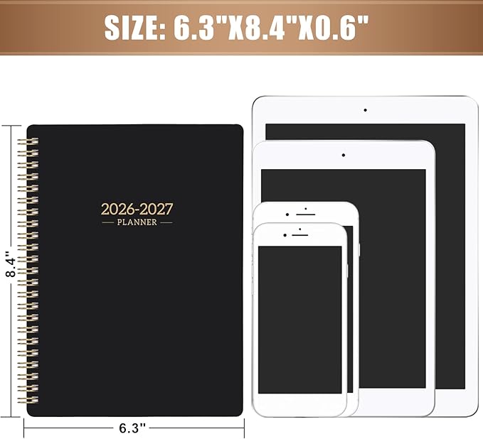 2026-2027 Planner - Planner/Calendar 2026-2027, Jul. 2026 - Jun. 2027, Weekly & Monthly with Tabs, 6.3" x 8.4", Back Pocket + Twin-Wire Binding - Mystic Black