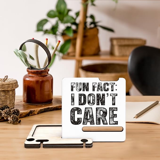 Funny Office Gifts for Coworker - Multi-Functional Desk Organizer Caddy - Humorous Office I Don't Care Wood Sign for Desk Shelf Decor