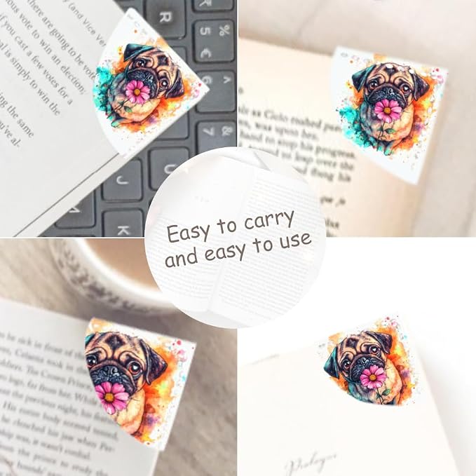 2PCS PU Leather Bookmarks 3.5x3.5 Inch Pug Flower Design | PU leather bookmarks with pug flower design for novels, journals, study notes, dog lovers, students and book fans