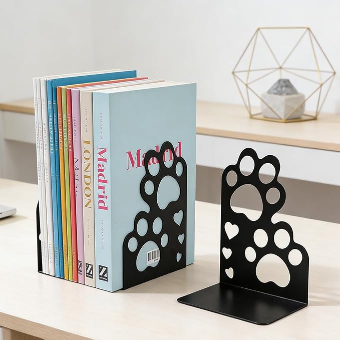 Book Ends, Bookends, Book Ends for Shelves, 2Pair Non Skid Metal Book Divider Decorative Holder, Abstract Art Desgin Book Stopper Supports for Office, Home (Cat Paw)