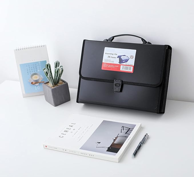 Expanding Accordion File Folder with Labels, 26 Pocket Document Organizer, Letter A4 Size, 1 Pack (Black)