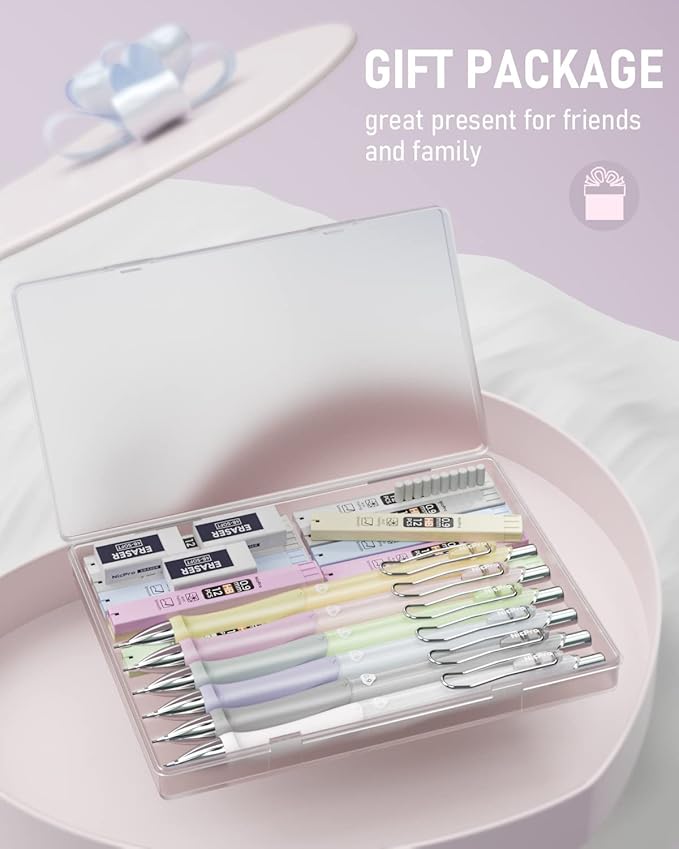 Nicpro 6PCS Pastel Mechanical Pencil Set 0.9 mm, Cute Mechanical Pencils 0.9 with Comfort Grip with 12 Tube HB Lead Refill, 3 Eraser, 9 Eraser Refill for Student Writing, Drawing, Sketching- with Case